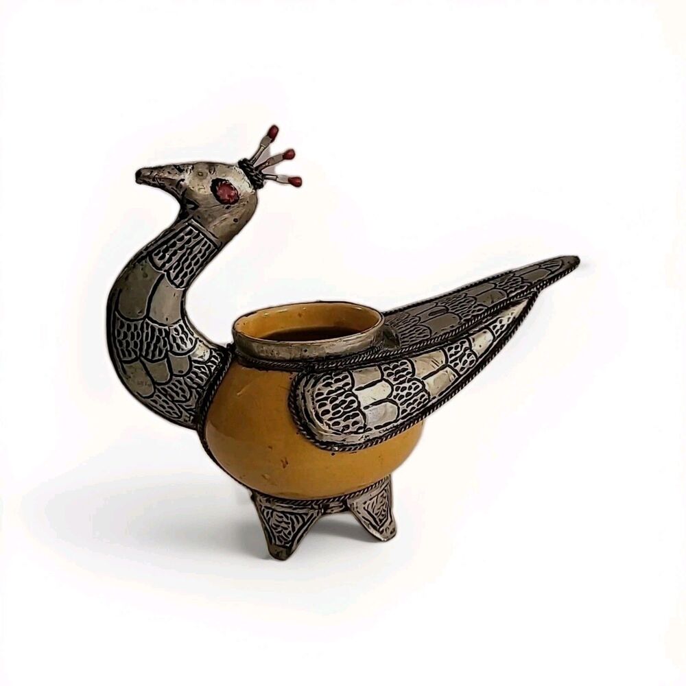 Moroccan Bird Artisanal Peacock Ashtray Ceramic Punched Metal Eastern